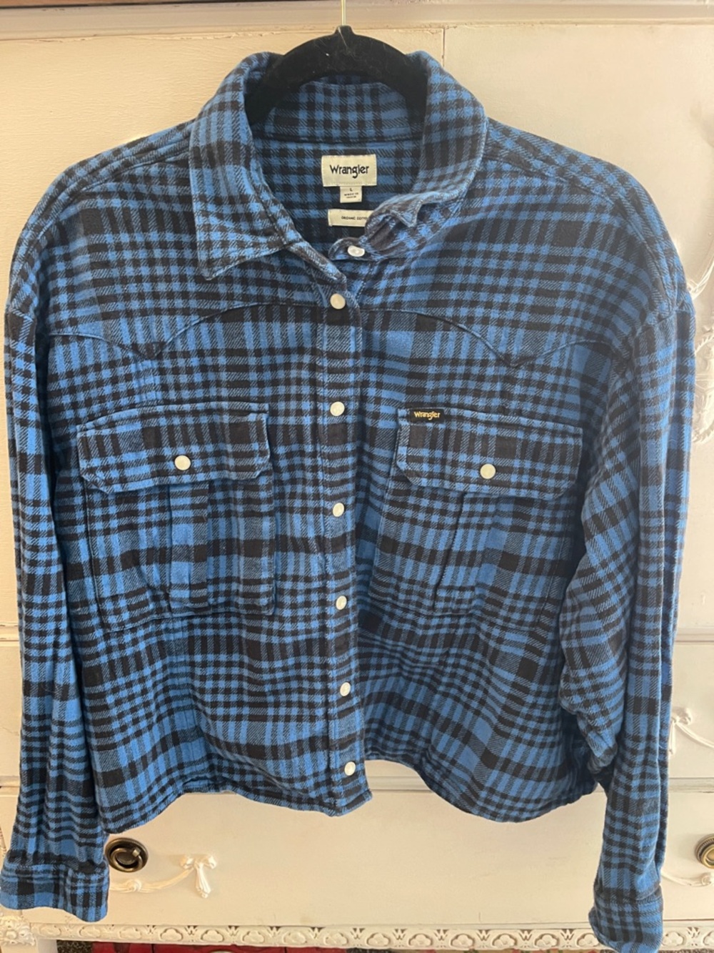 Wrangler Black and Blue Plaid Flannel Shirt pearl snap